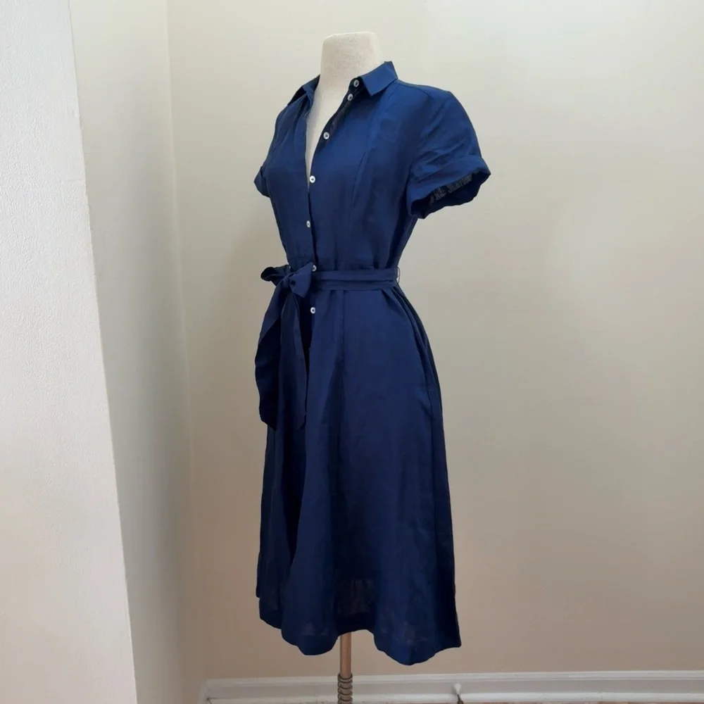 Tuckernuck Hill House Navy 100% Linen Lily Shirt Dress Size XS Nautical Coastal - Picture 3 of 16